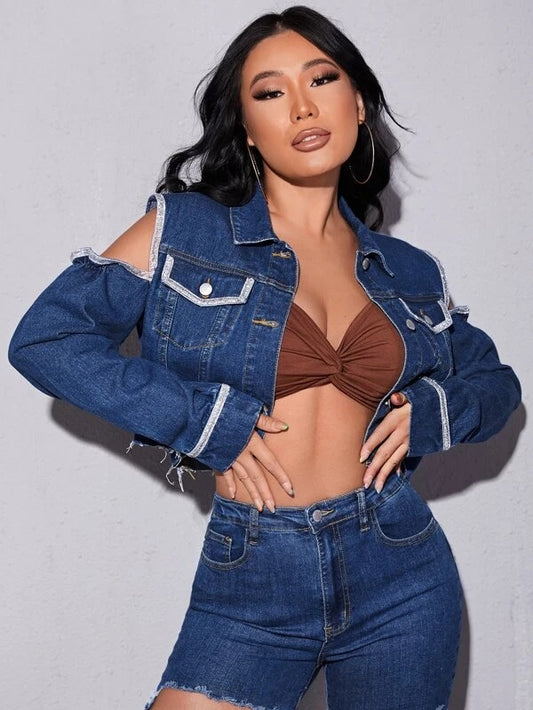 CM-CS664277 Women Casual Seoul Style Cold Shoulder Raw Hem Denim Jacket