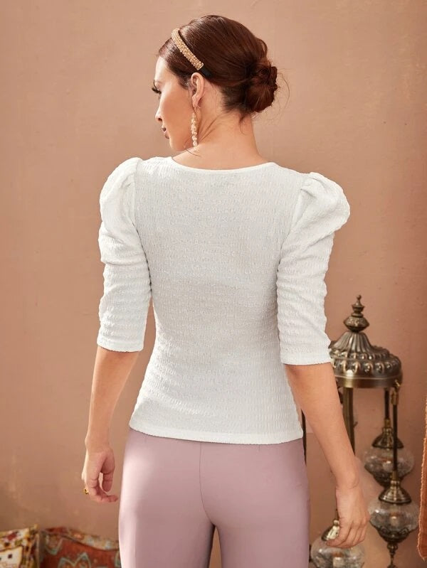 CM-TS549765 Women Elegant Seoul Style Puff Sleeve Square Neck Tee - White