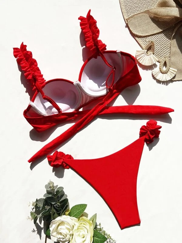 CM-SWS619909 Women Trendy Seoul Style Frill Trim Push Up Bikini Swimsuit - Red