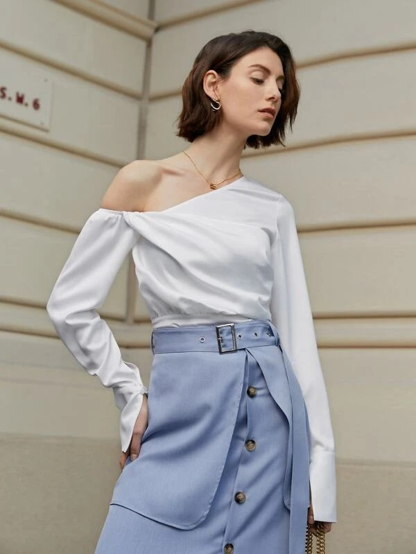 CM-TS513771 Women Elegant Seoul Style Asymmetrical Shoulder Split Cuff Sleeve Top
