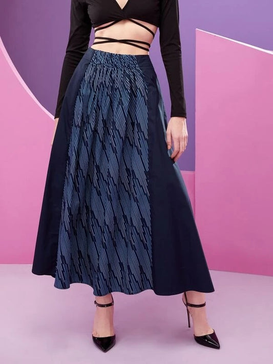 CM-BS314115 Women Elegant Seoul Style High Waist Striped Panel Flared Skirt - Navy Blue