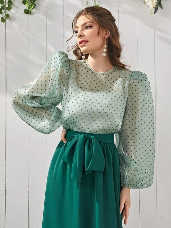 CM-TS270961 Women Casual Seoul Style Polka Dot Bishop Sleeve Blouse - Green