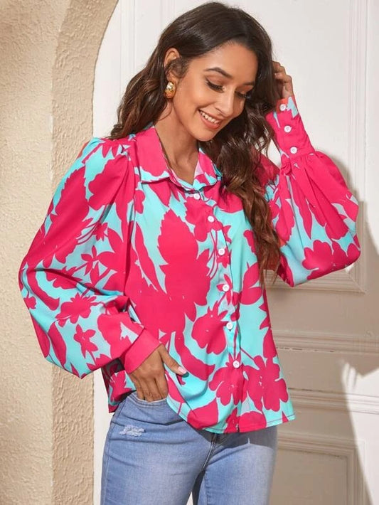 CM-TS809757 Women Elegant Seoul Style Collar Neckline Floral Print Button Front Blouse