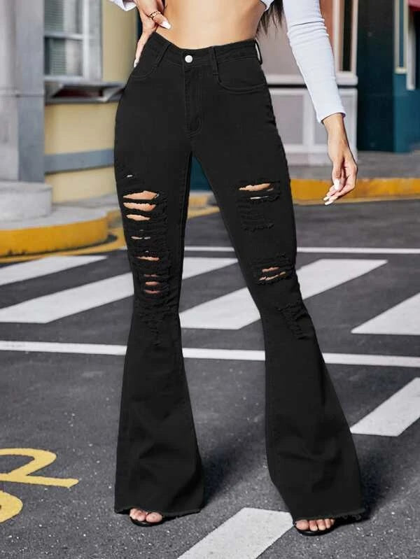 CM-BS239229 Women Casual Seoul Style Zipper Fly Ripped Raw Hem Flare Leg Jeans - Black