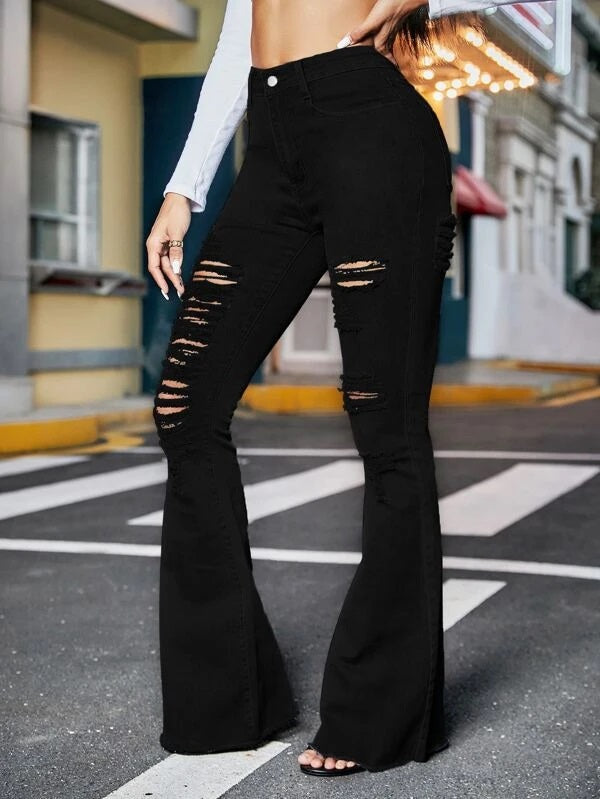 CM-BS239229 Women Casual Seoul Style Zipper Fly Ripped Raw Hem Flare Leg Jeans - Black
