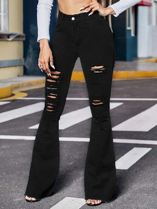 CM-BS239229 Women Casual Seoul Style Zipper Fly Ripped Raw Hem Flare Leg Jeans - Black