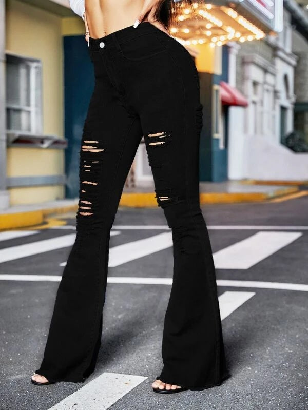 CM-BS239229 Women Casual Seoul Style Zipper Fly Ripped Raw Hem Flare Leg Jeans - Black