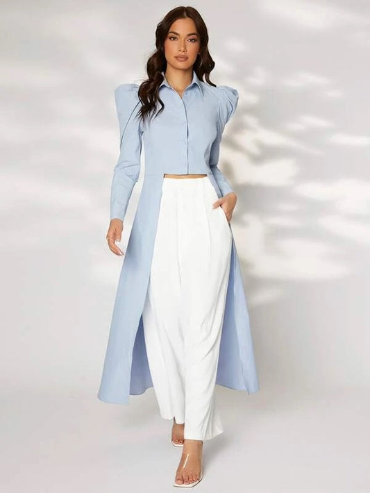 CM-TS164621 Women Casual Seoul Style Solid High Low Button Front Gigot Sleeve Blouse