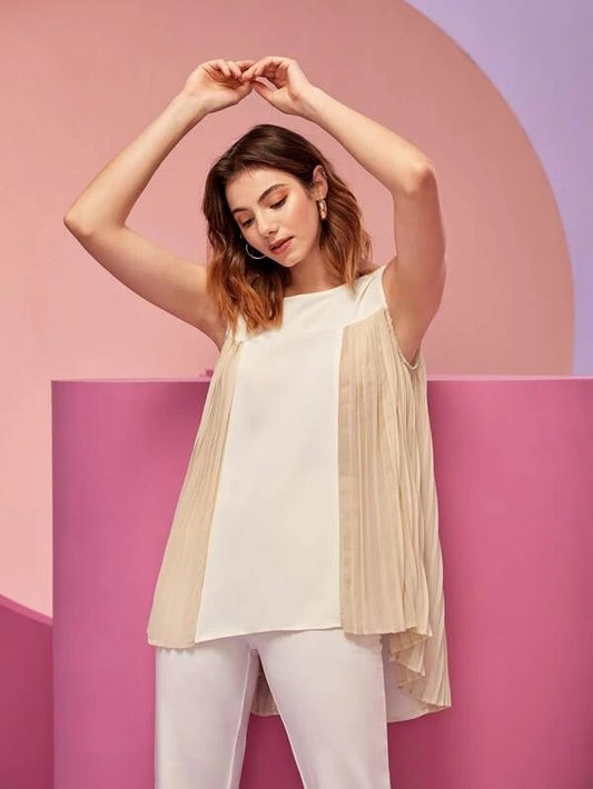CM-TS883169 Women Casual Seoul Style Two Tone Pleated High Low Hem Blouse