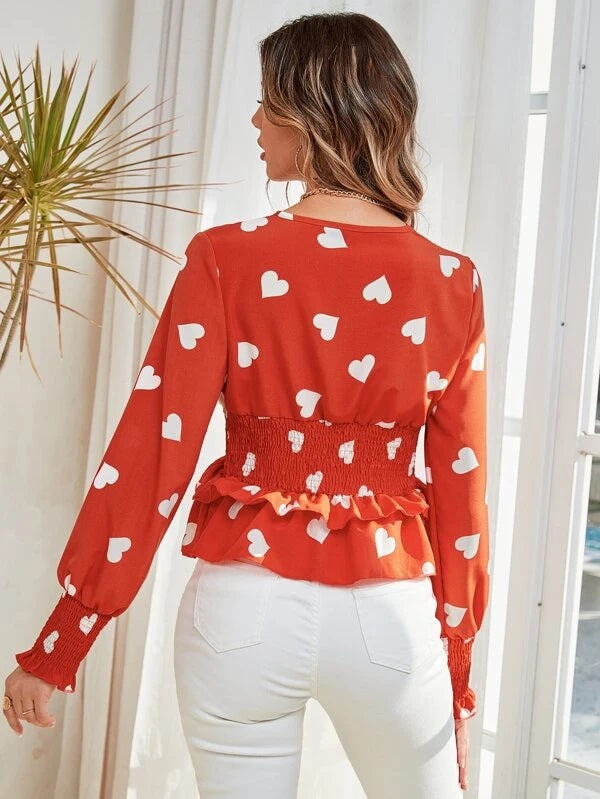 CM-TS194899 Women Casual Seoul Style Heart Print Shirred Lantern Sleeve Ruffle Trim Blouse