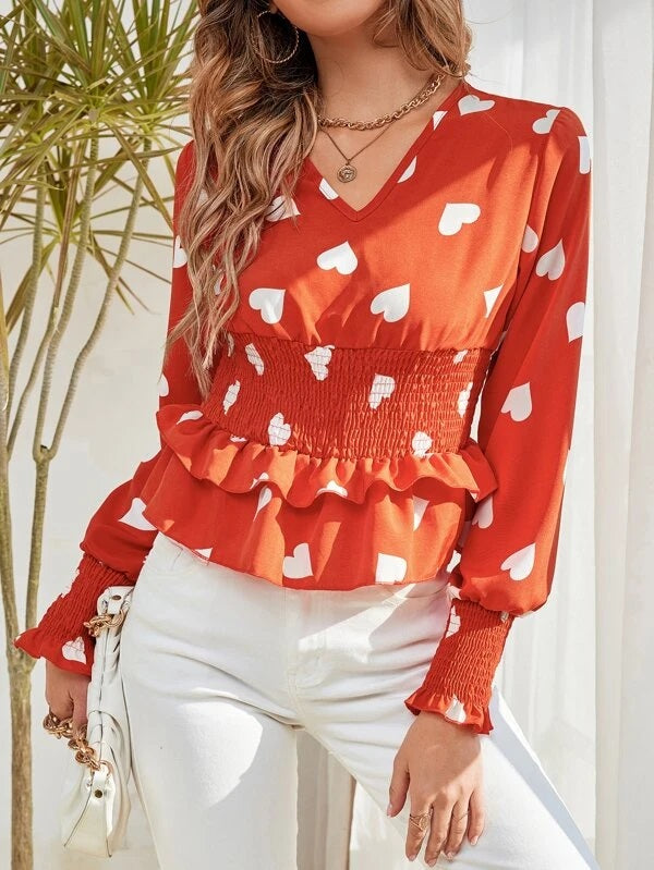 CM-TS194899 Women Casual Seoul Style Heart Print Shirred Lantern Sleeve Ruffle Trim Blouse