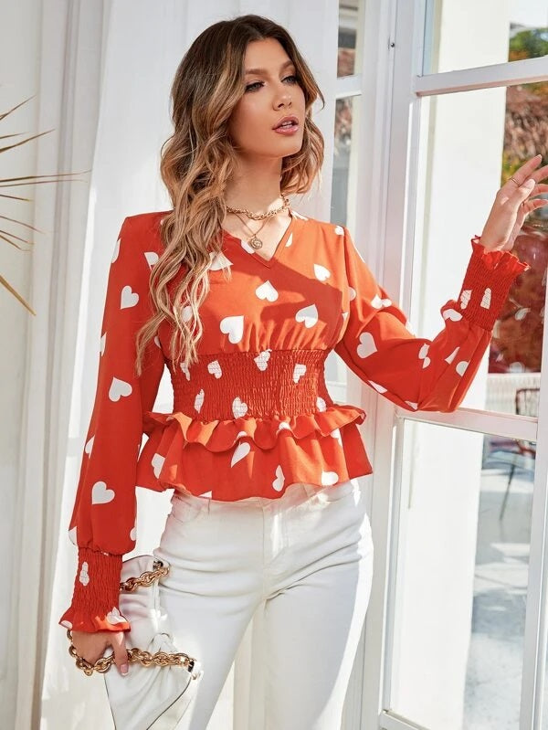 CM-TS194899 Women Casual Seoul Style Heart Print Shirred Lantern Sleeve Ruffle Trim Blouse