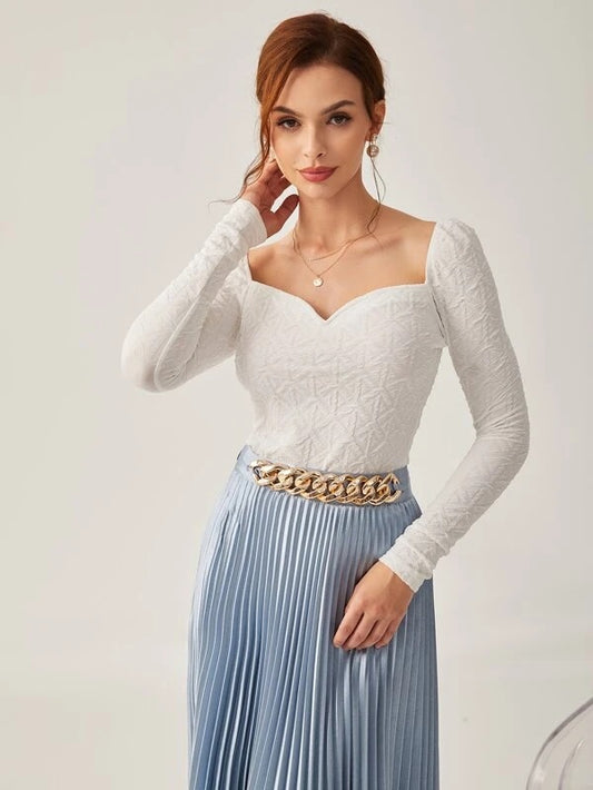 CM-TS958082 Women Casual Seoul Style Long Sleeve Textured Sweetheart Collar Top - White