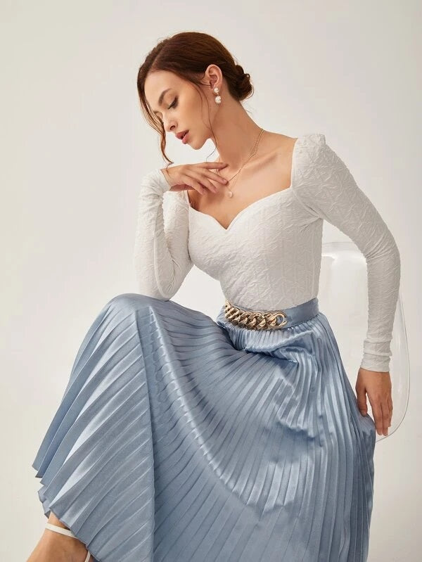 CM-TS958082 Women Casual Seoul Style Long Sleeve Textured Sweetheart Collar Top - White