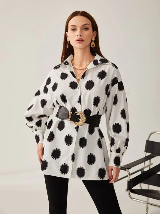 CM-TS345248 Women Casual Seoul Style Polka Dot Print Drop Shoulder Blouse
