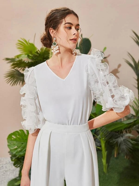 CM-TS922568 Women Casual Seoul Style Solid Organza Ruffle Detail Top - White