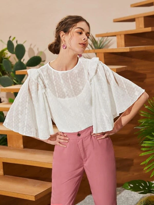CM-TS148423 Women Casual Seoul Style Polka Dot Mesh Ruffle Trim Flounce Sleeve Blouse