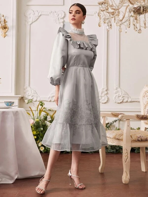CM-DS799998 Women Elegant Seoul Style Mesh Yoke Bishop Sleeve Ruffle Hem Satin Dress