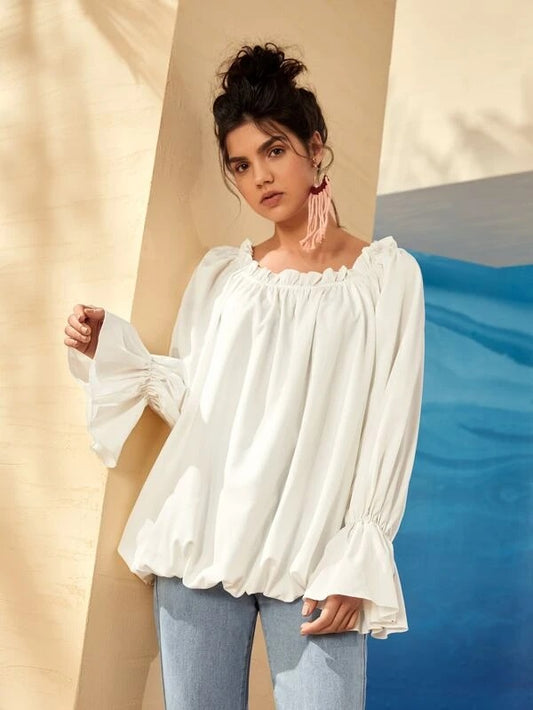 CM-TS626168 Women Trendy Bohemian Style Scoop Neck Bell Sleeve Frill Trim Top - White