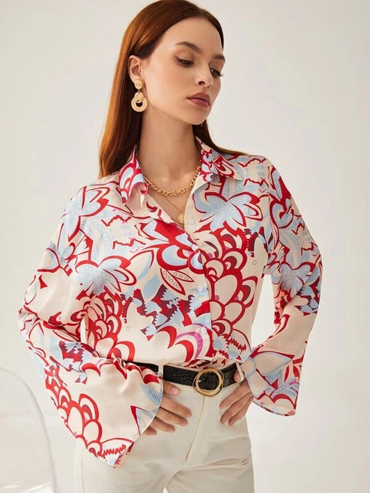 CM-TS449614 Women Casual Seoul Style Floral Print Trumpet Sleeve Blouse