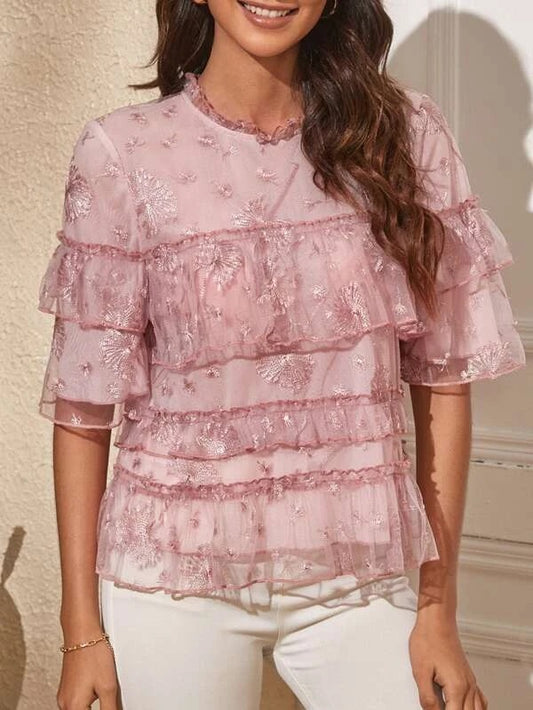 CM-TS800066 Women Casual Seoul Style Floral Embroidery Ruffle Trim Flounce Sleeve Lace Blouse