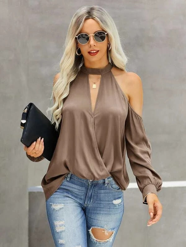 CM-TS695995 Women Casual Seoul Style Solid Choker Neck Cold Shoulder Blouse - Mocha Brown