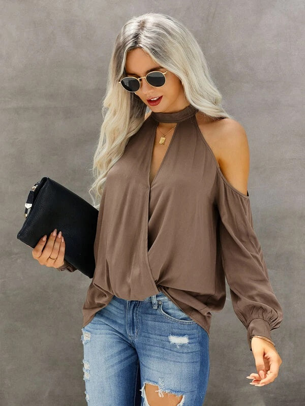 CM-TS695995 Women Casual Seoul Style Solid Choker Neck Cold Shoulder Blouse - Mocha Brown