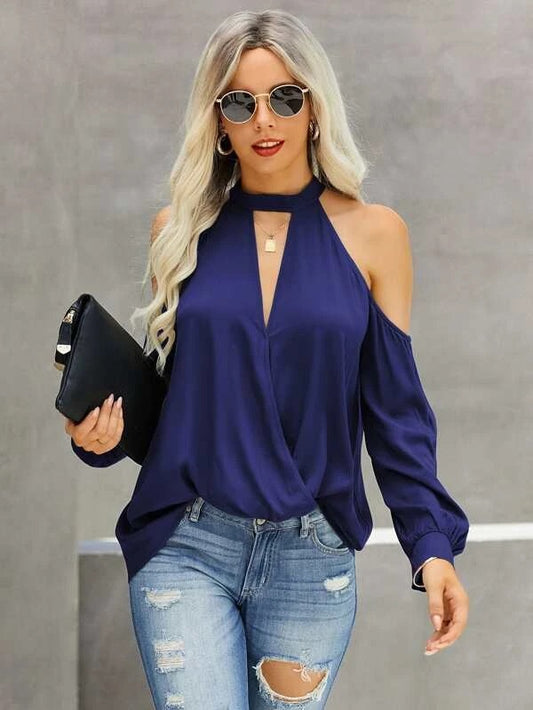 CM-TS619454 Women Casual Seoul Style Solid Choker Neck Cold Shoulder Blouse - Navy Blue