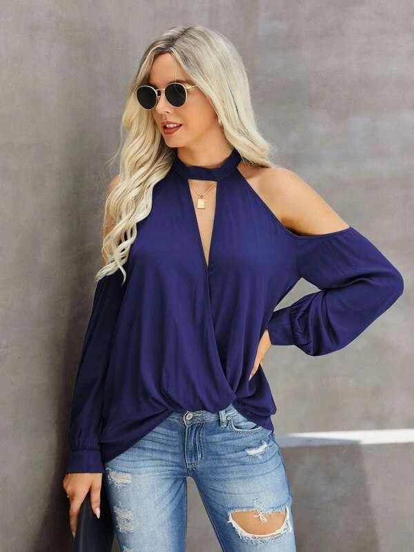 CM-TS619454 Women Casual Seoul Style Solid Choker Neck Cold Shoulder Blouse - Navy Blue