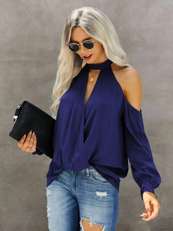 CM-TS619454 Women Casual Seoul Style Solid Choker Neck Cold Shoulder Blouse - Navy Blue