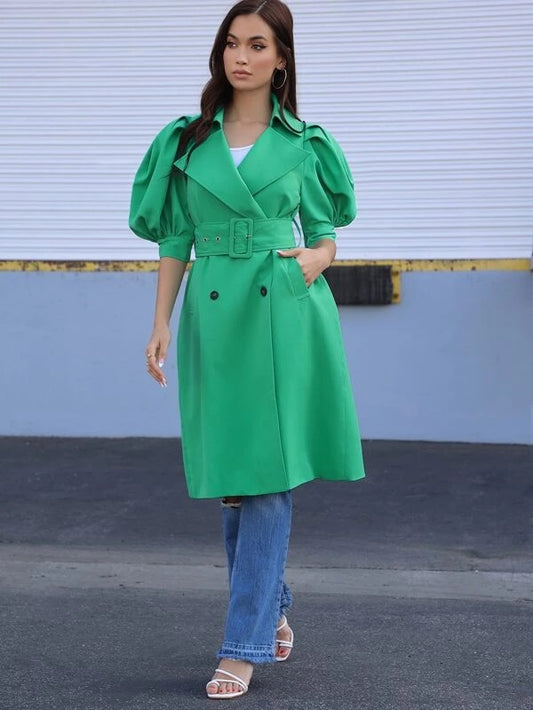 CM-CS607359 Women Elegant Seoul Style Puff Sleeve Belted Button Front Trench Coat - Mint Green