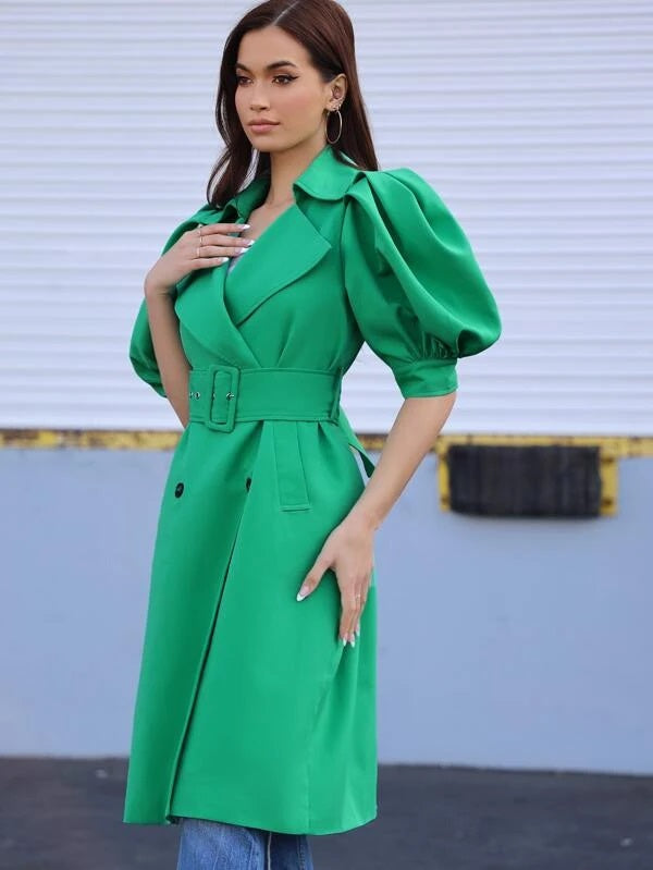 CM-CS607359 Women Elegant Seoul Style Puff Sleeve Belted Button Front Trench Coat - Mint Green