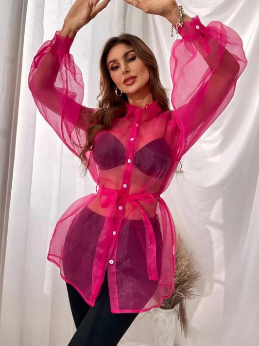CM-TS461774 Women Casual Seoul Style Lantern Sleeve Belted Mesh Blouse - Hot Pink