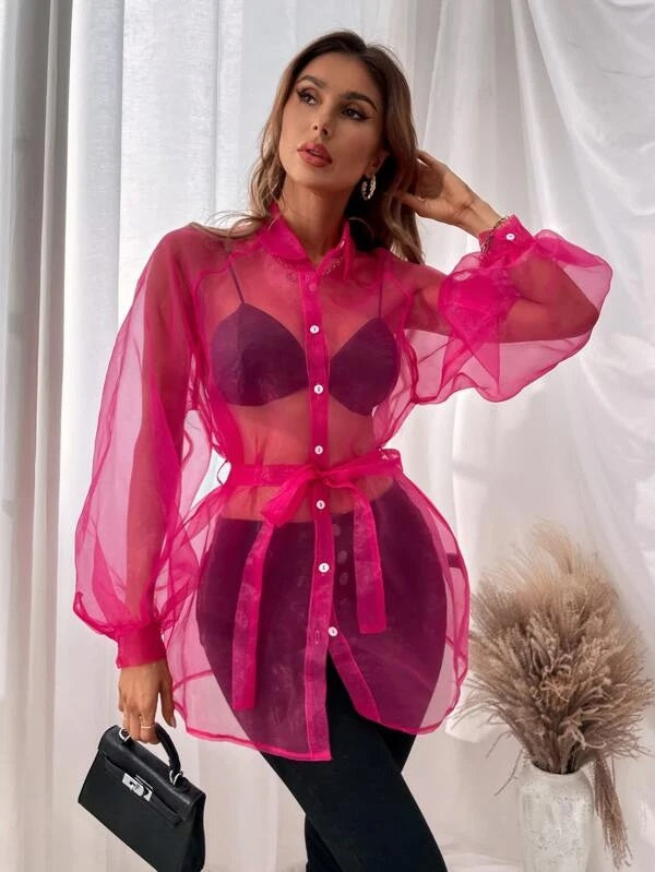 CM-TS461774 Women Casual Seoul Style Lantern Sleeve Belted Mesh Blouse - Hot Pink