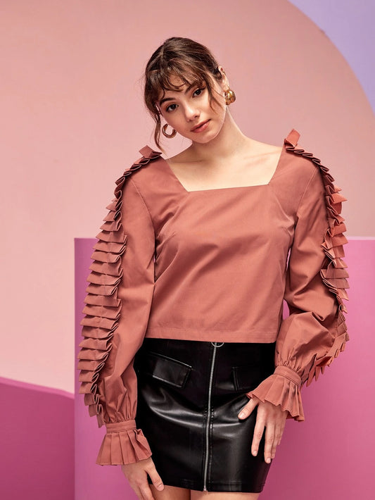 CM-TS221507 Women Elegant Seoul Style Square Neck Frill Flounce Sleeve Blouse
