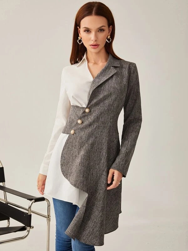CM-TS668838 Women Elegant Seoul Style Pearls Button Front Colorblock Asymmetrical Hem Top