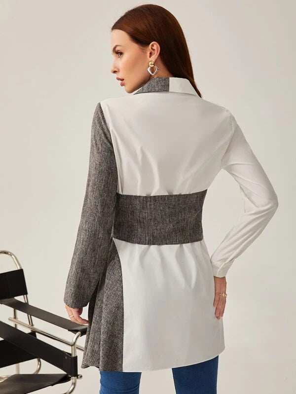 CM-TS668838 Women Elegant Seoul Style Pearls Button Front Colorblock Asymmetrical Hem Top