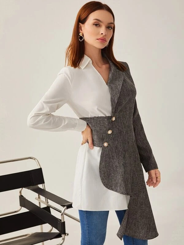 CM-TS668838 Women Elegant Seoul Style Pearls Button Front Colorblock Asymmetrical Hem Top