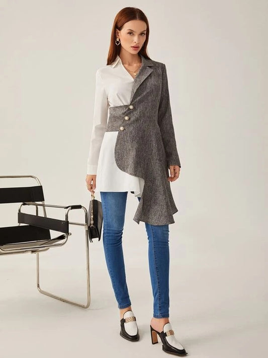CM-TS668838 Women Elegant Seoul Style Pearls Button Front Colorblock Asymmetrical Hem Top