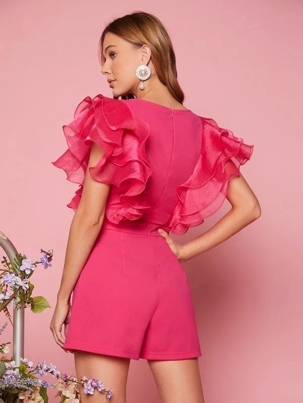 CM-JS333813 Women Elegant Seoul Style Solid Layered Sleeve Romper - Hot Pink