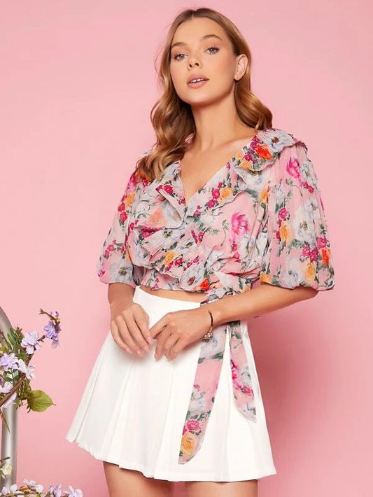 CM-TS333004 Women Trendy Bohemian Style Floral Ruffle Trim Knot Side Blouse
