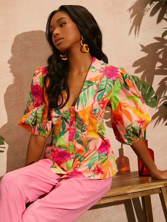 CM-TS051615 Women Trendy Bohemian Style Tropical Print Lantern Sleeve Blouse