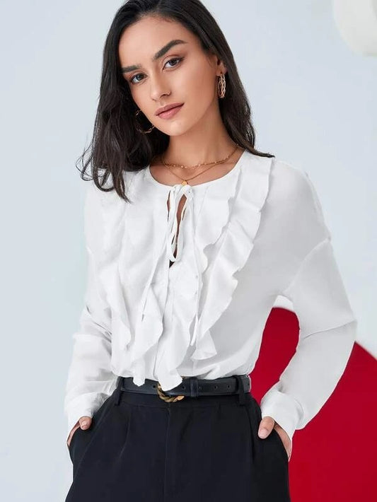 CM-TS059111 Women Elegant Seoul Style Long Sleeve Ruffle Trim Tie Neck Blouse - White