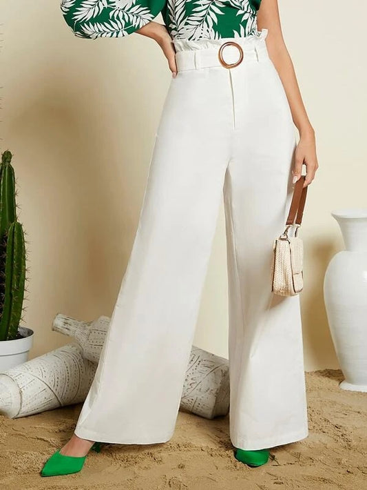 CM-BS318115 Women Elegant Seoul Style Paper Bag Waist Wide Leg Pants - White