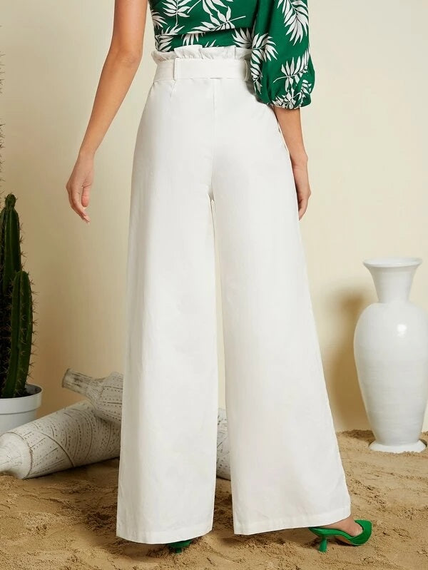 CM-BS318115 Women Elegant Seoul Style Paper Bag Waist Wide Leg Pants - White