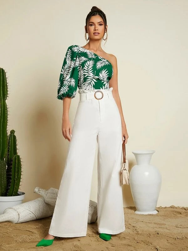 CM-BS318115 Women Elegant Seoul Style Paper Bag Waist Wide Leg Pants - White