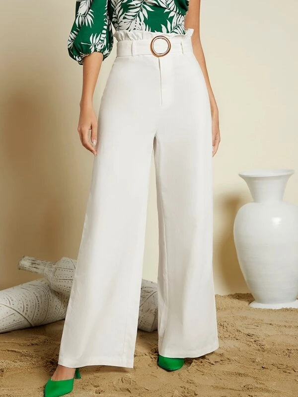 CM-BS318115 Women Elegant Seoul Style Paper Bag Waist Wide Leg Pants - White