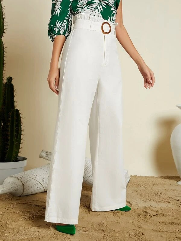 CM-BS318115 Women Elegant Seoul Style Paper Bag Waist Wide Leg Pants - White