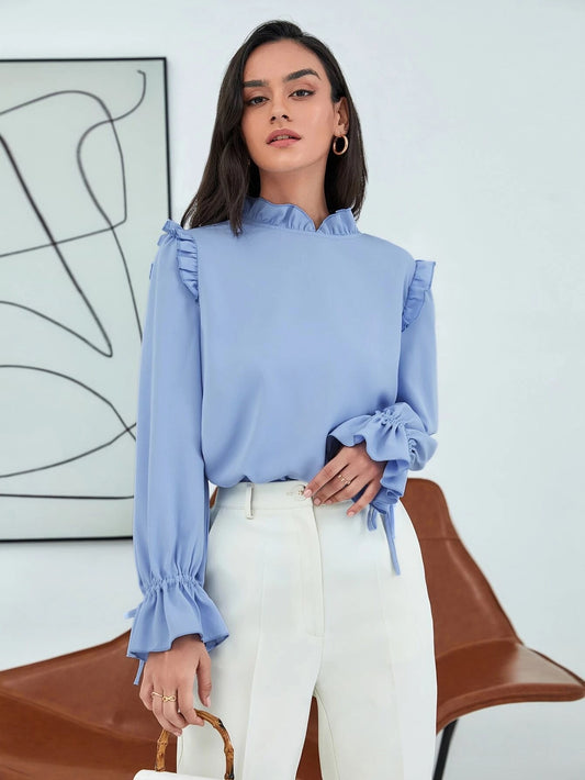 CM-TS636380 Women Casual Seoul Style Frill Neck Flounce Sleeve Blouse - Dusty Blue