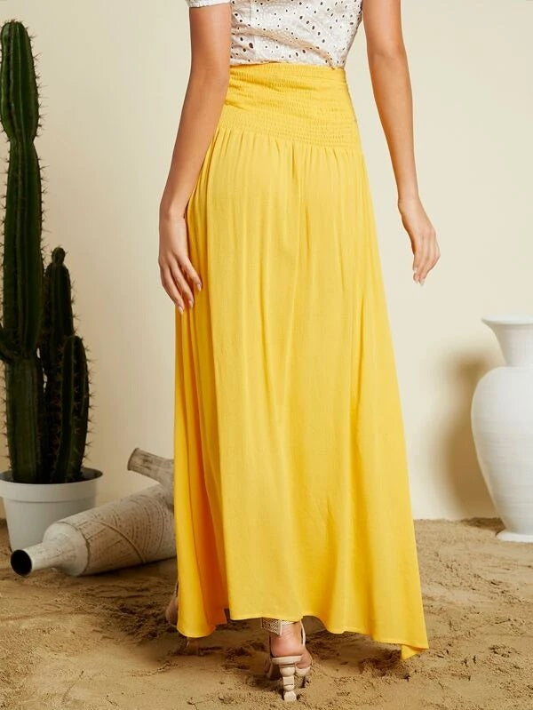 CM-BS627114 Women Trendy Bohemian Style Shirred Waist Split Thigh Skirt - Yellow